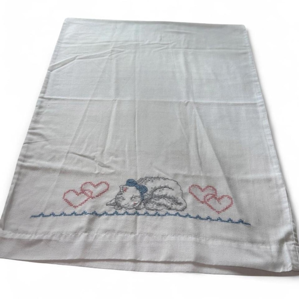 Vintage white cotton pillowcase cross stitch sleeping kitten cat pink hearts